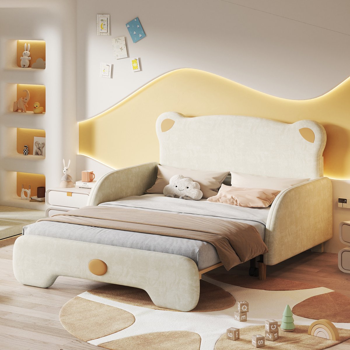 Kinderbed - 140x105/140x200cm - Berenvorm Polsterbed met Ausziehbett - Zachte Randen, Lattenbodem - Fluweel + Hout - Beige