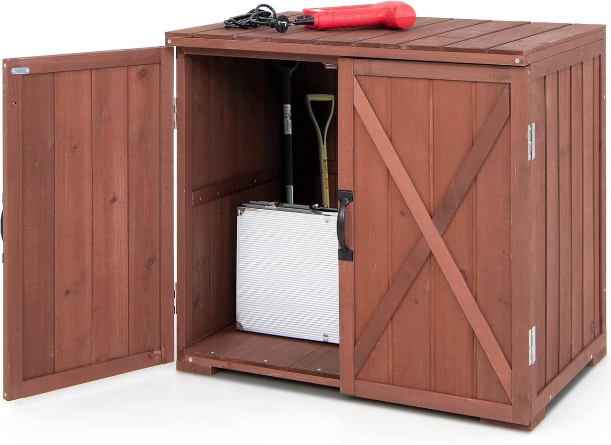 KOMFOTTEU tuinkast hout, tuinopslagkast met handgrepen, gereedschapsschuur, kleine schuur voor tuin & achtertuin, 77 x 56 x 72 cm, bruin
