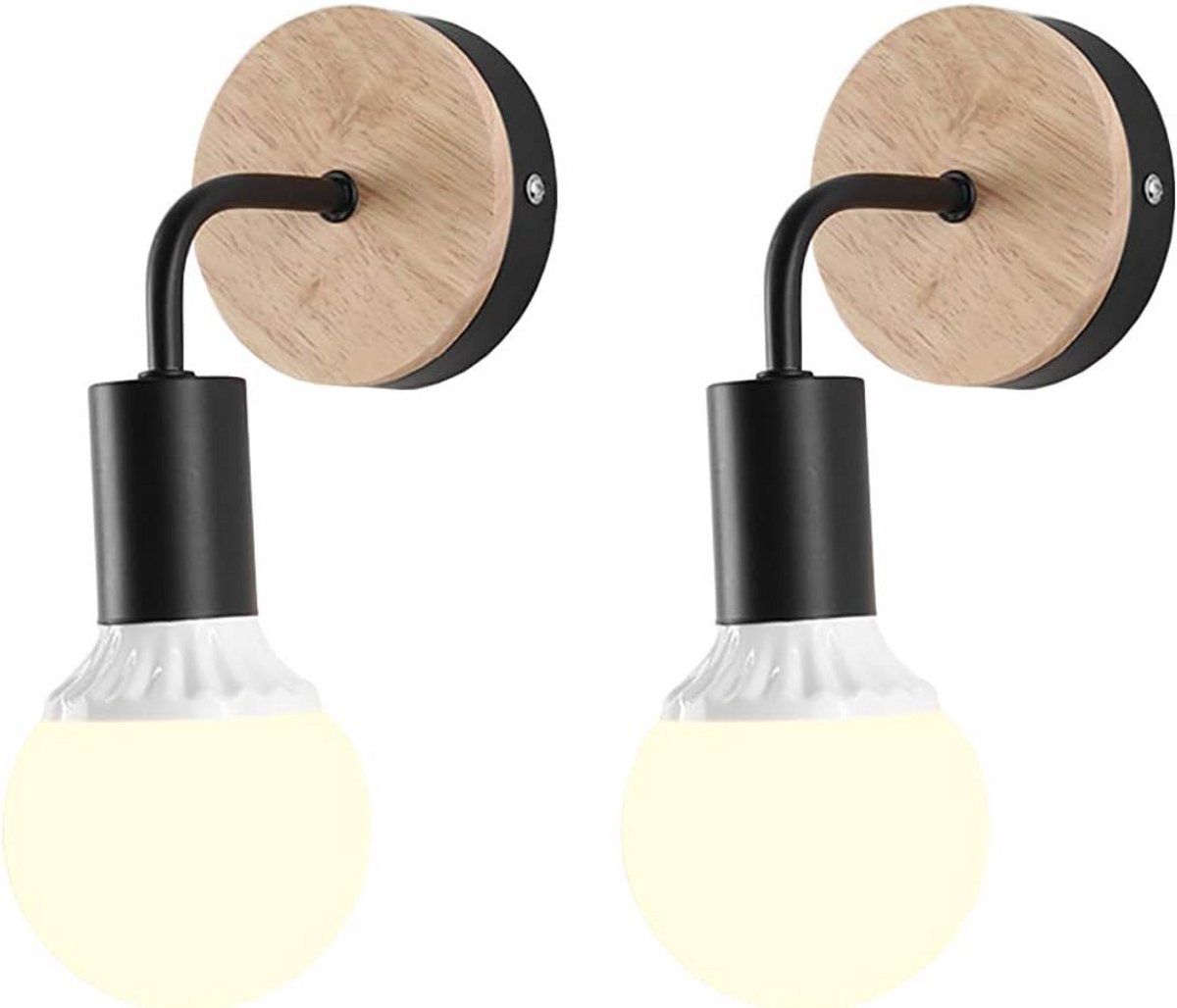 Set van 2 Vintage Industriële Binnen Wandlampen met Houten Basis