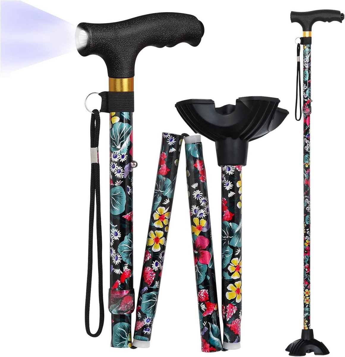 Opvouwbare Wandelstok - Steunstok - Veilig Lopen - Met LED Licht - Verstelbaar 33-37 inch - Rode Bloemenprint