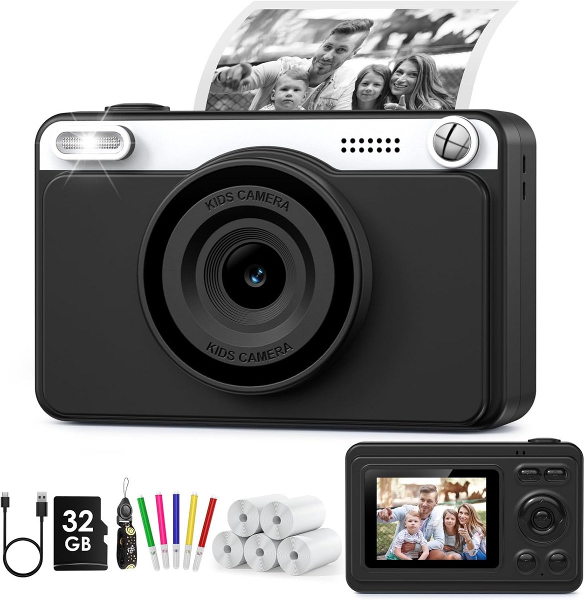 Directe Kinderfotocamera met 1080P HD, Inclusief 32GB Kaart en 5 Rollen Thermisch Papier