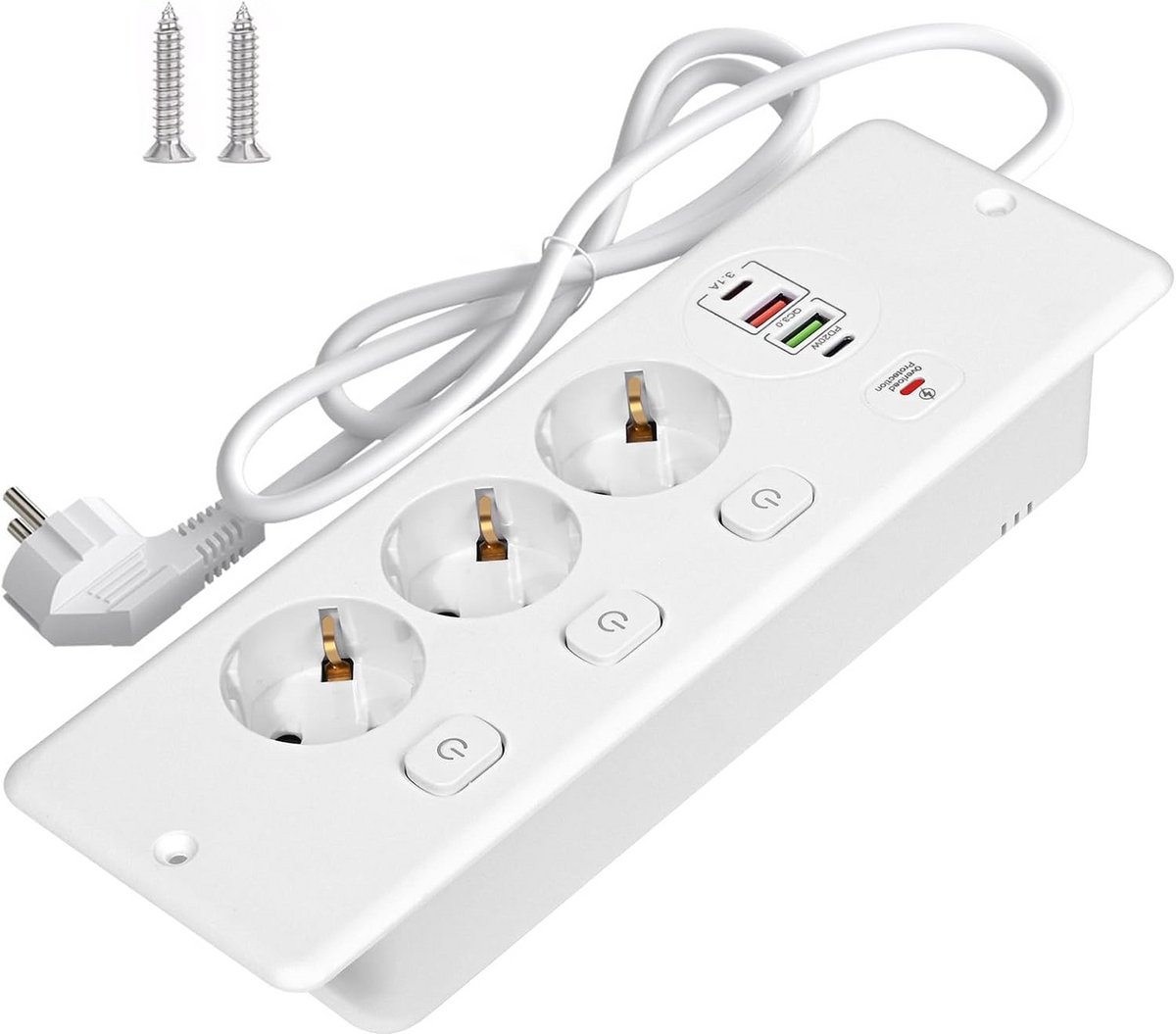 Inbouwtafelcontactdoos met USB-C, 3 Stopcontacten en 4 USB-Poorten, Uitschuifbaar, Wit