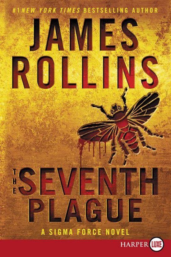 Boekomslag met de titel "The Seventh Plague" van James Rollins. Een afbeelding van een insect op een gouden achtergrond.