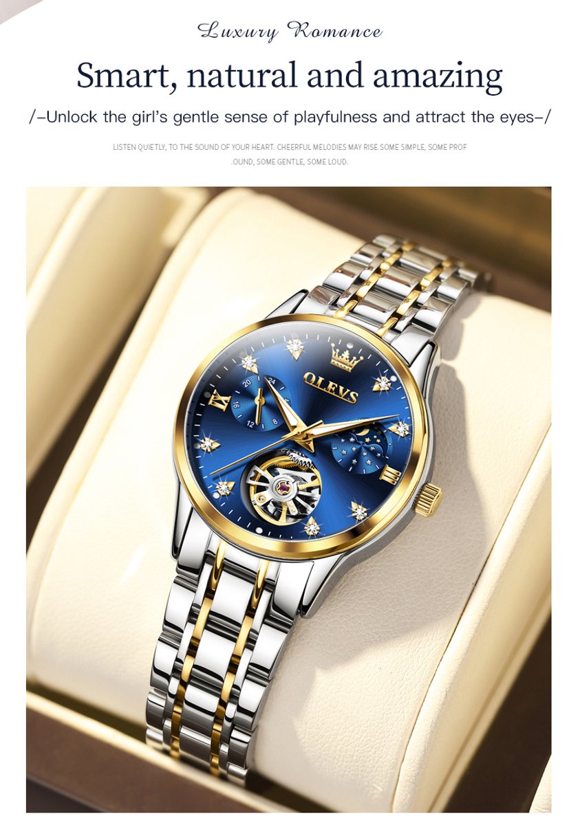 HO-6608L.gz-bl : Olevs dames goudzilverkl tourbillon-mechanisch edelstaal elegant Polshorloge, luminiscerend, blauwe wijzerplaat, skeleton secondenwiel, diamantzirkonia