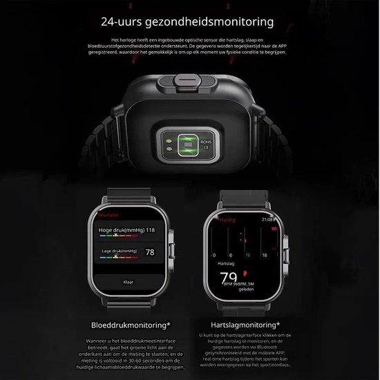 Zwarte smartwatch met een gedetailleerde weergave van hartslag- en bloeddrukmetingen.
