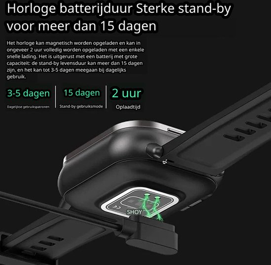 Zwarte smartwatch met magnetische oplader, met indicatoren voor batterijduur en oplaadtijd.