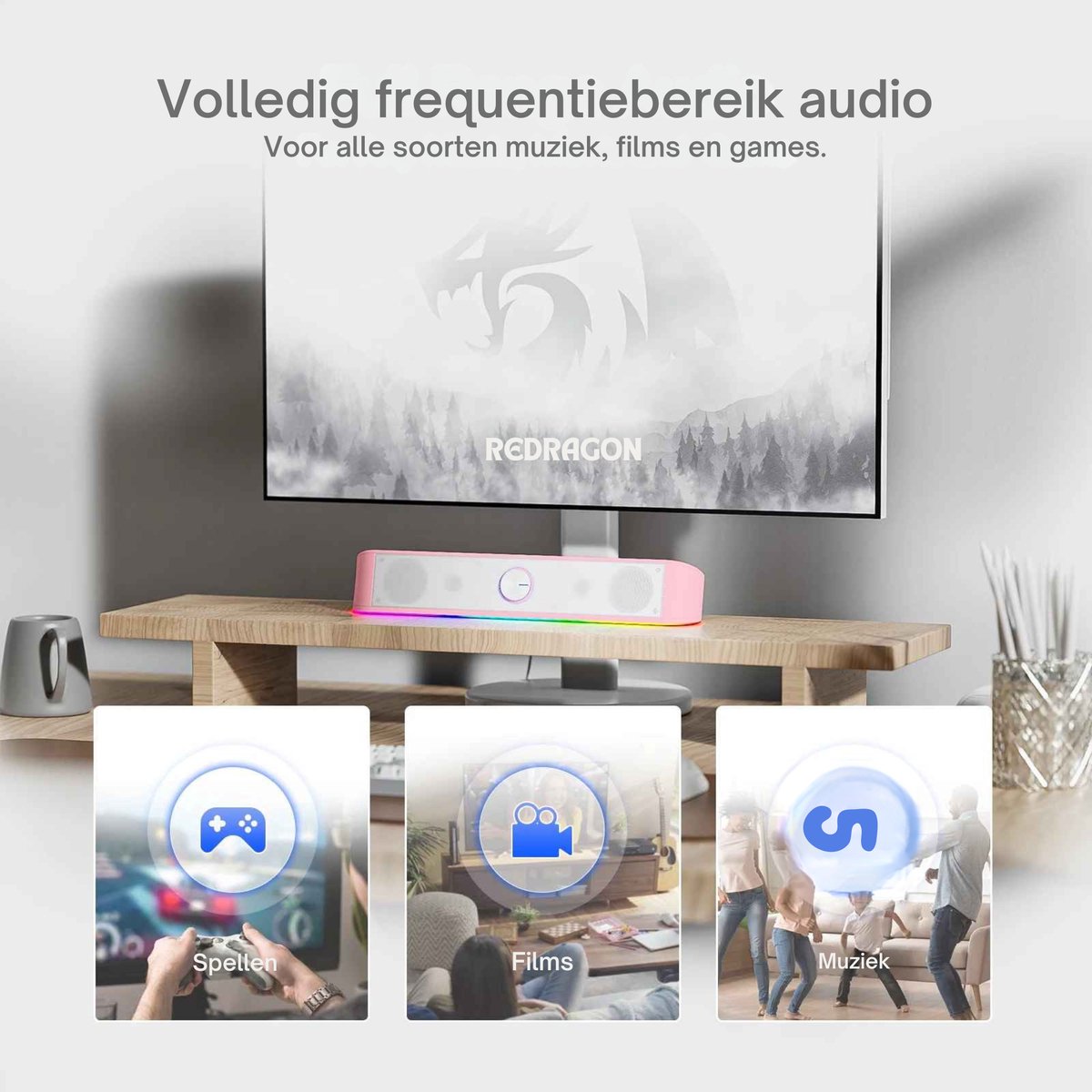 Redragon GS560 RGB Soundbar 2.0 PC Speaker met Dynamische Verlichting - afbeelding 2