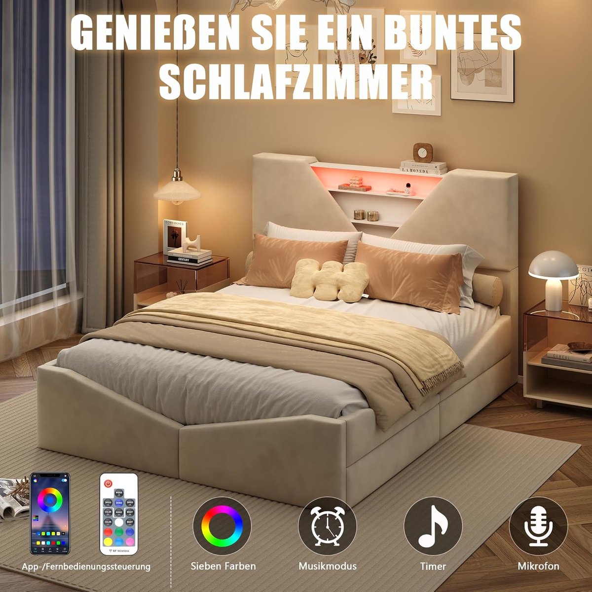 Gestoffeerd Opbergbed 160x200 cm met Hydraulische Lift, Hoofdbord met Opbergruimte en Lattenbodem – Fluwelen Tweepersoonsbed met Bedkist, Sterk Bedframe van Hout & Metaal, Beige – Abkantoor