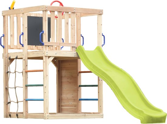 AXI Sam Klimtoestel met Klimwand, Klimnet en Klimrek - Verrekijker, Wiel en Krijtbord – Toboggan Vert Citron - FSC 100% bois – Tour de jeux pour le jardin / extérieur