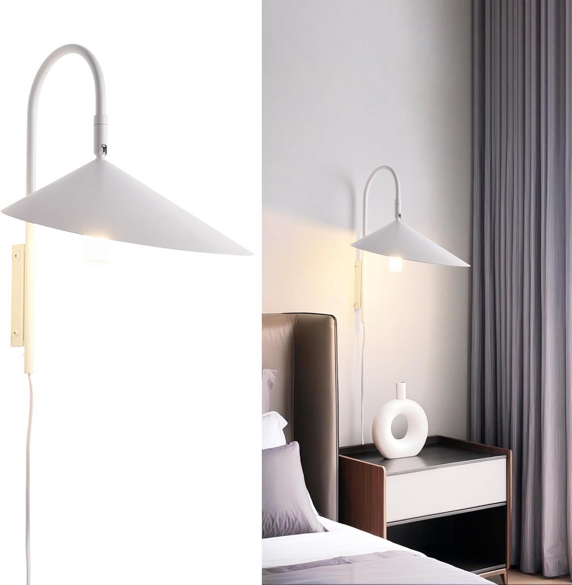 Wandlamp Gebogen Arm - Metaal Verlichting - Lezen Thuis - Draaibare Kap - 24x24x48 cm - Wit