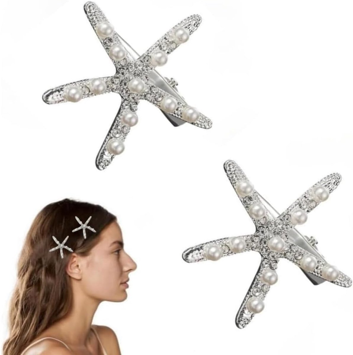 Set van 2 Zilveren Haarclips met Parel en Zeester Decoratie