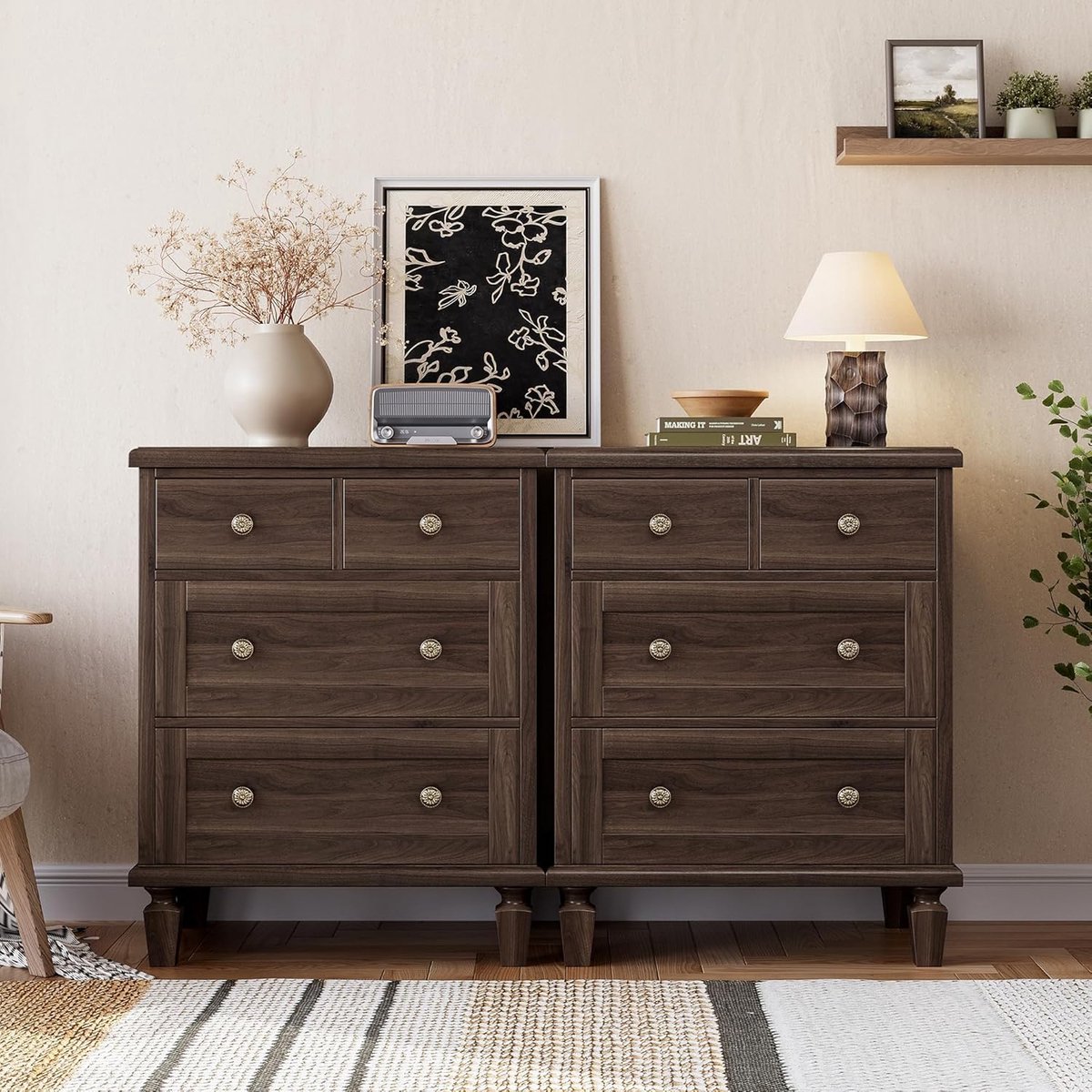 Ladekast - Ladekast met 4 lades - Nachtkastje in retrostijl - Houten ladekasten - met gebeeldhouwde handgrepen en taps toelopende poten - met ruime opbergruimte - Donkerbruin - 76 × 60 × 48 cm