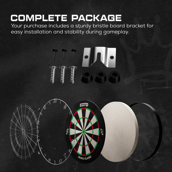 Exploded view van een KOTO dartbord met alle onderdelen en montageaccessoires.