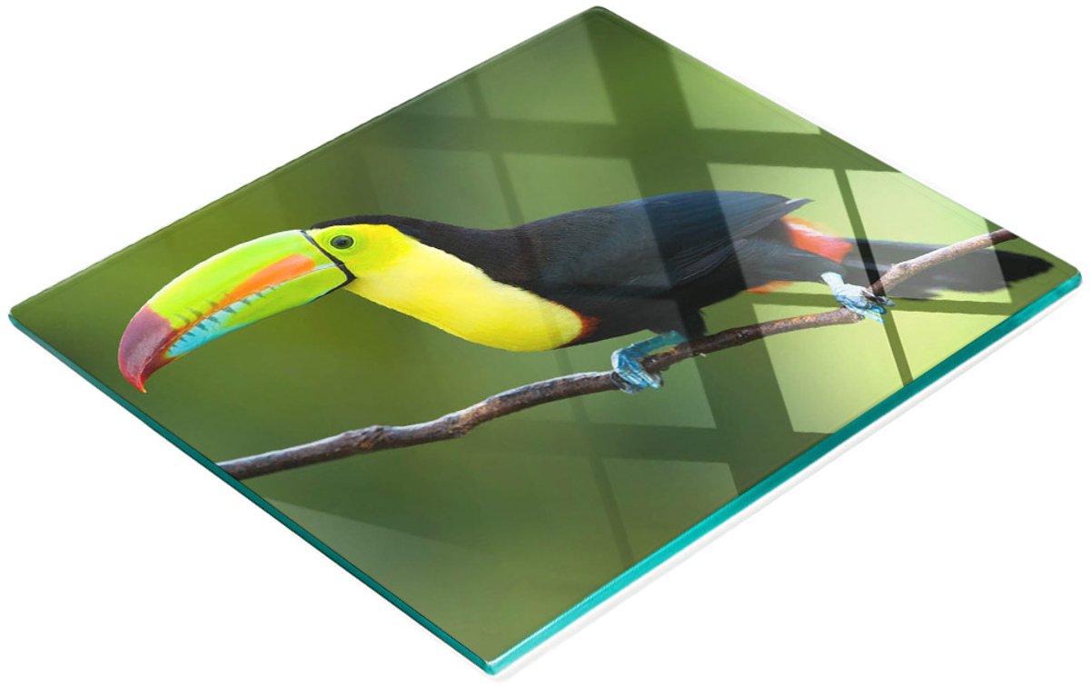 Multifunctioneel decoratief keukenbord van gehard glas met toekanmotief, 60x52 cm