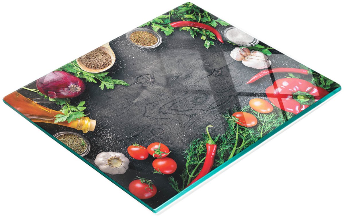 Decoratieve glazen snij- en serveerplank met houten groentemotief, 60x52 cm