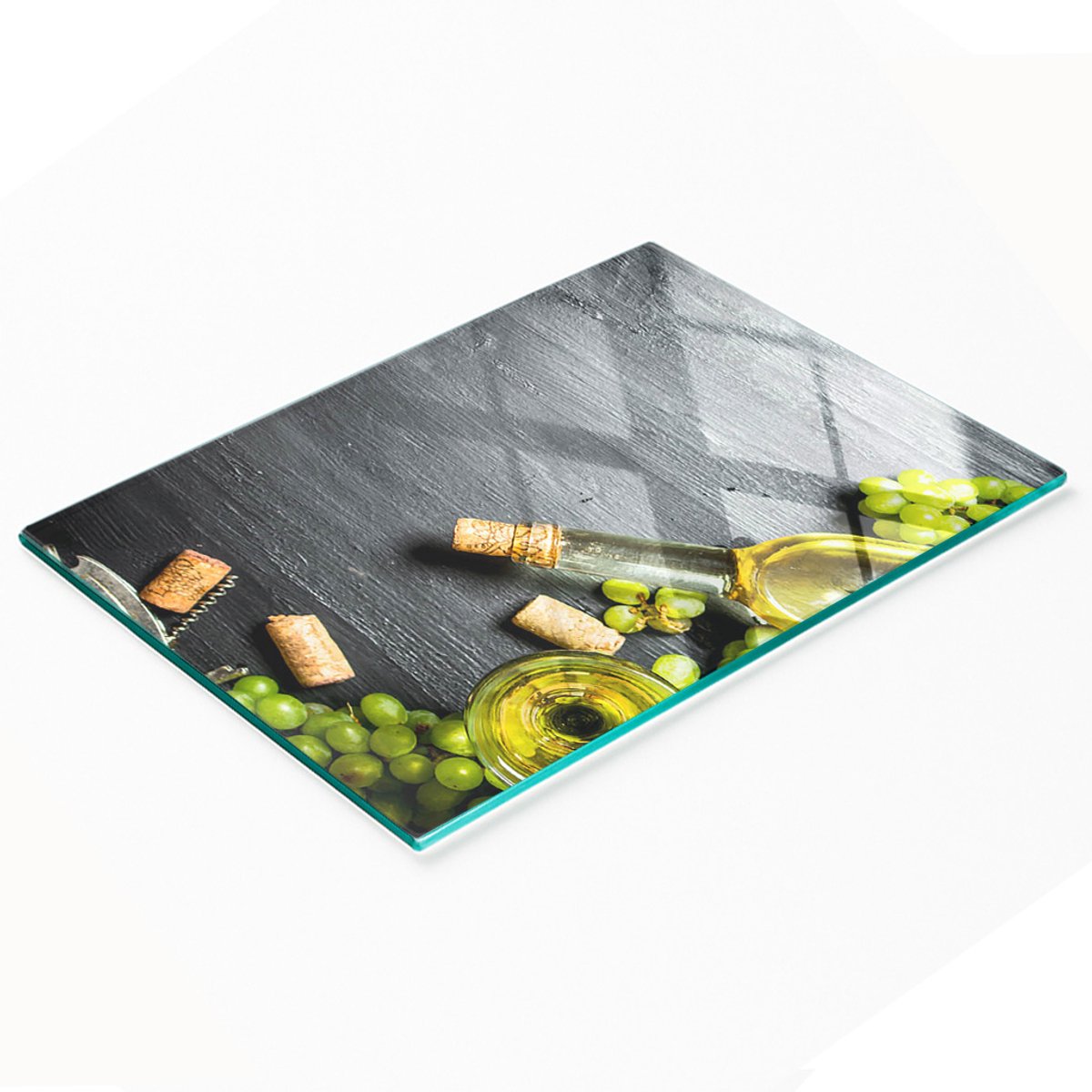 Stijlvol en duurzaam glazen bord met print van witte wijn en fruit, 80x52 cm.