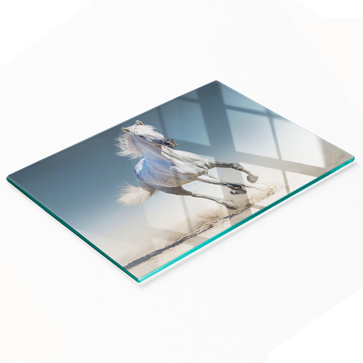 Keukenplank van gehard glas met afbeelding van een grijs galopperend paard, 80x52 cm