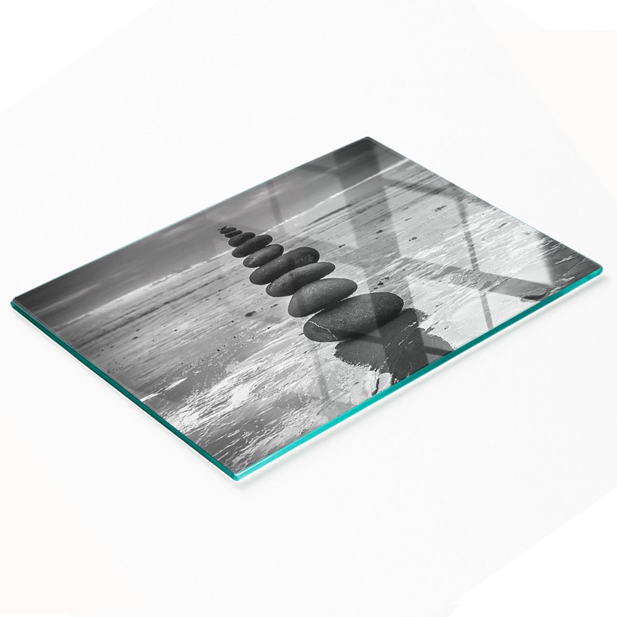 Stijlvol en duurzaam glazen bord met bedrukte balanceerstenen, 80x52 cm