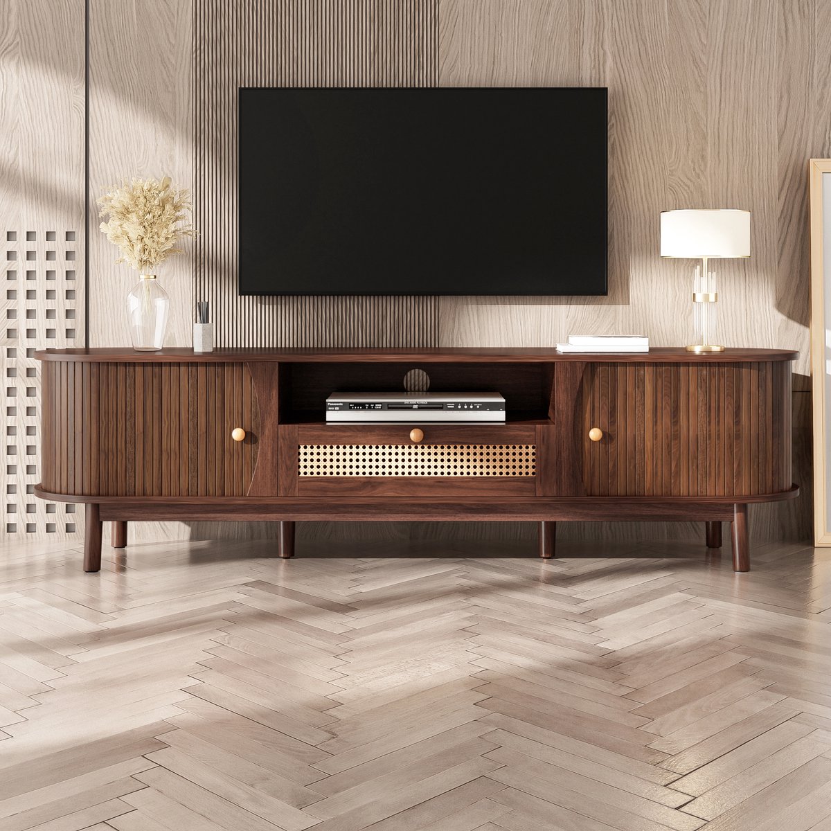 MODFU Tv-meubel – 165x37x46 cm – Rotan details & schuifdeur – Walnoot – Landhuisstijl – Tv-kast met natuurlijke uitstraling – MDF