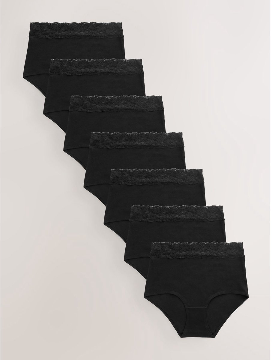 Next - Dames - Set van 7 katoenen en kanten slips met volledige bedekking - Zwart