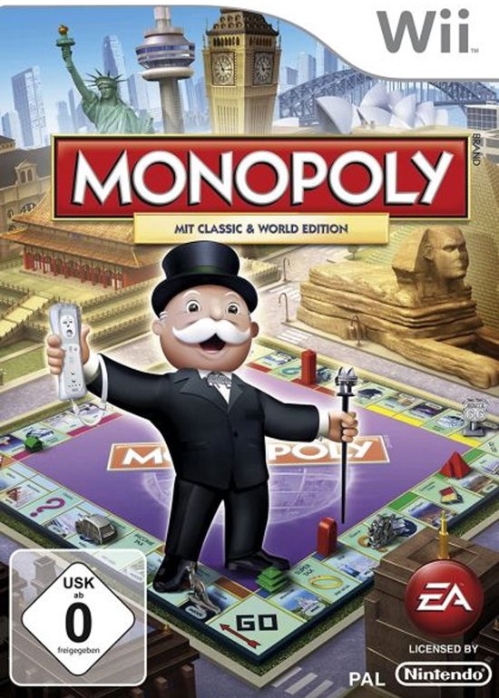 Monopoly Nintendo Wii speldoos met Mr. Monopoly met een hoge hoed, een Wii controller en bezienswaardigheden.