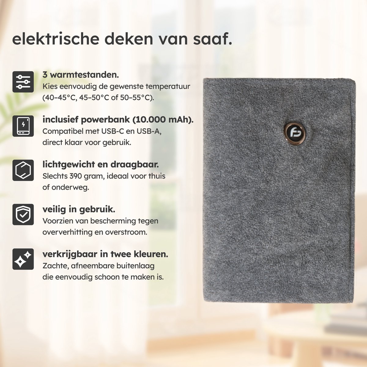 Faas Commerce Warmtedeken Draadloos 3 standen 40x110 cm Original Grey - afbeelding 2