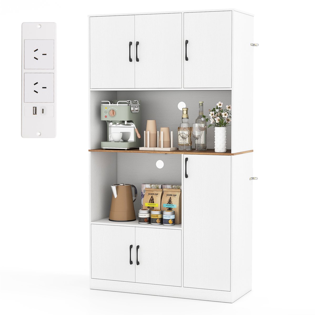 COSTWAY Keukenkast van hout, buffetkast met stopcontact, hoge kast met deuren en werkblad, opbergkast, voor keuken en woonkamer, 100 x 40 x 180 cm (wit)