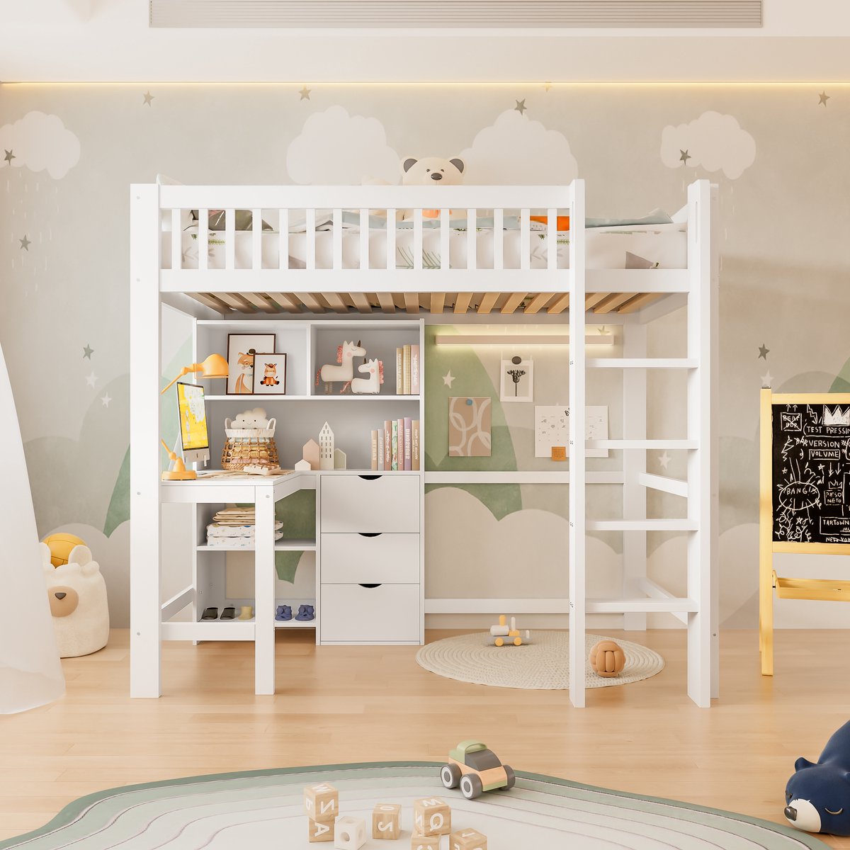 Wishdor Hoogslaper met bureau en opbergruimte – 90 x 200 cm – Grenen, MDF en multiplex – Wit – Inclusief 3 lades – Veiligheidsrand – Voor kinderkamer