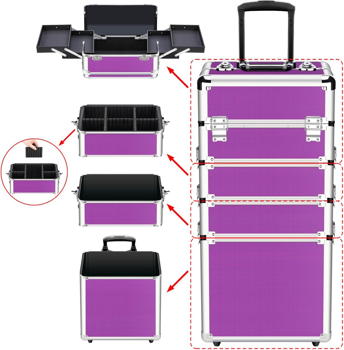 Professionele Make-up Trolley 4-Delige Reisaccessoire Koffer met Uitschuifbare Plates