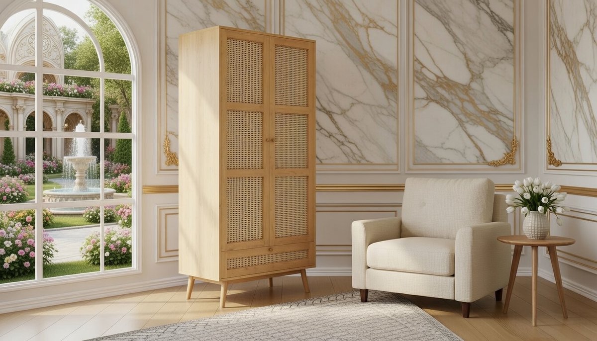 Kledingkast 2 Deuren met Kledingstang – Casa Velluto NaturaRotan Garderobekast 90x183x45 cm Naturel – Slaapkamer- en Woonkamerkast met Flip-Top Opbergruimte – Rustiek Design Spaanplaat + Rotan
