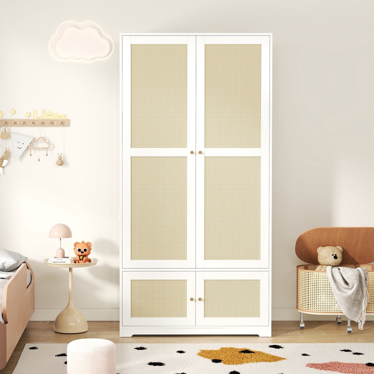 OKWISH Kledingkast – 2 Deuren Met Rotanfront – Met Kledingroede En Legplanken – Slaapkamer – MDF Wit – 90x48x180 cm