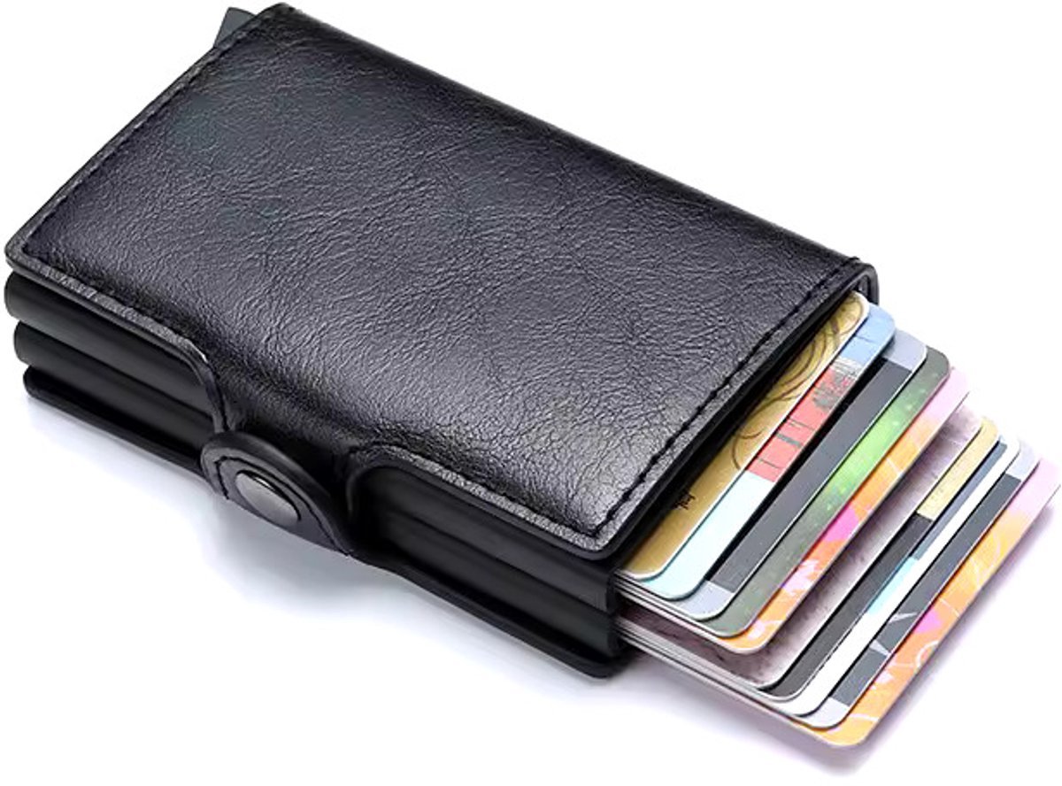Pasjeshouder Uitschuifbaar - Anti-diefstal - Creditcardhouder - Kaarthouder Mannen - Pashouder zwart - 14 pasjes - Leer en Aluminium - Minimalistisch Design - Met Briefgeldhouder