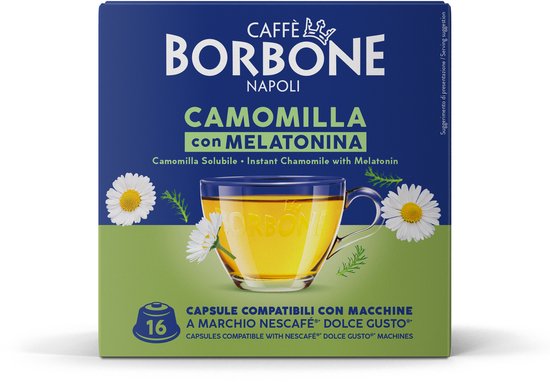 Boîte avec "Camomilla con Melatonina" et une tasse de thé avec des fleurs de camomille. 16 capsules.