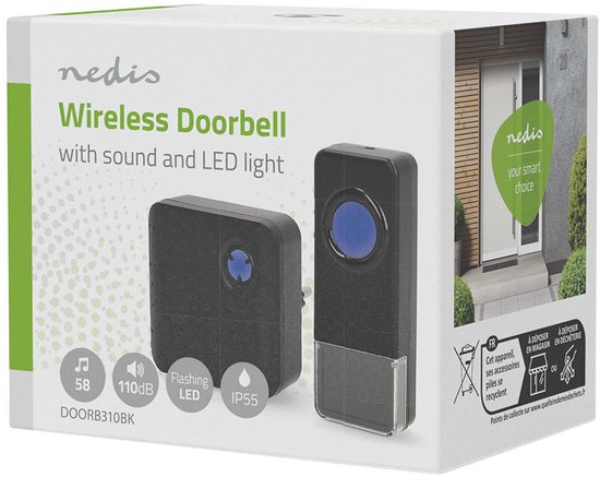 Nedis Draadloze Deurbelset - Netvoeding - 100 - 240 V AC 50/60 Hz - 1x 23A 12V - Volume: 110 dB - Signaalbereik: 150 m - IP55 - 58 Melodieën - 1 Ontvanger - Zwart — afbeelding 2