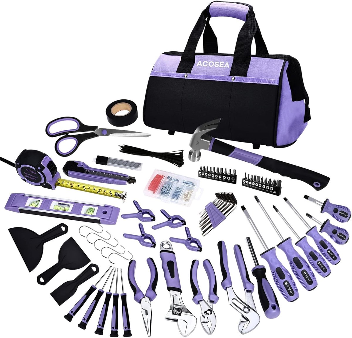 Gereedschapsset Vrouwen - Handgereedschap Set - Thuisonderhoud Klussen - 223 Delig Compleet - 33cm Brede Tas - Paars