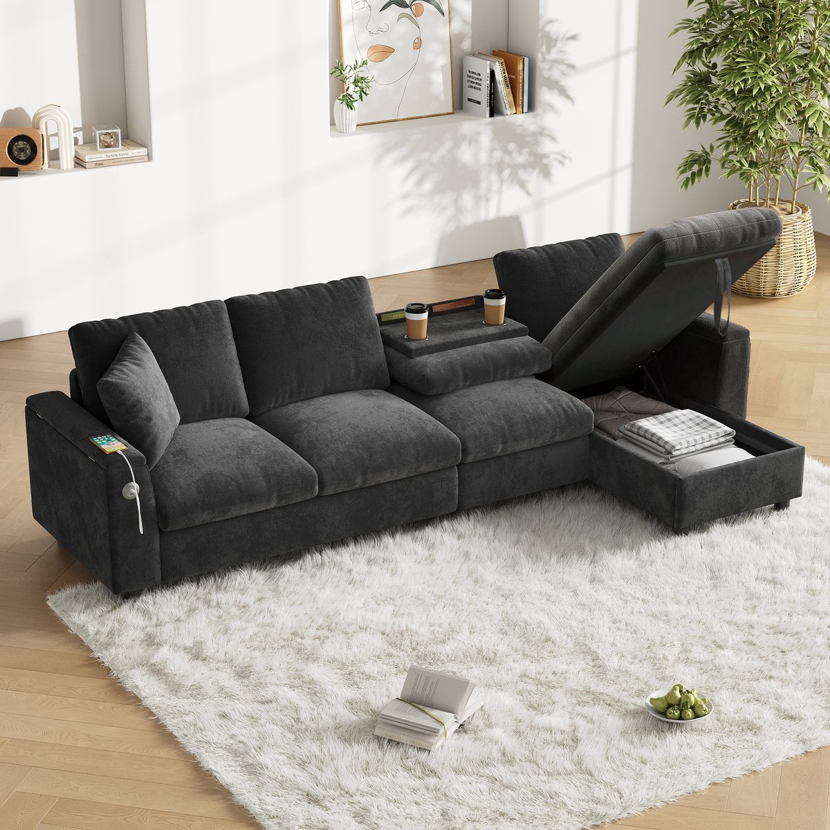 REDOM Hoekbank Met Slaapfunctie En Opbergruimte - Omkeerbare L-Vorm - Chenille - Grijs - 280 x 137 x 84 cm