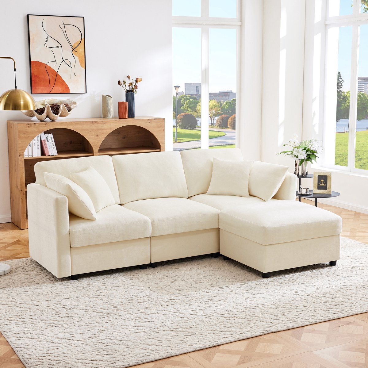 REDOM Luxe Hoekbank met Losse Hocker (218cm) - Flexibele L-Vorm met Slaapfunctie / Verstelbare Armleuningen - Chenille Beige-76 x 68,5 x 47 cm