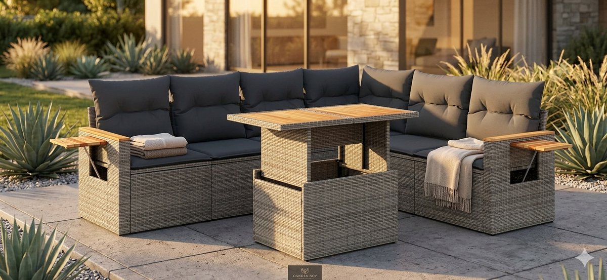7-Delige Poly Rattan Loungeset met Kussens Grijs 2-Zits Loungebank Tuinbank Outdoor Patio Meubelset Terras Tuin House&Garden
