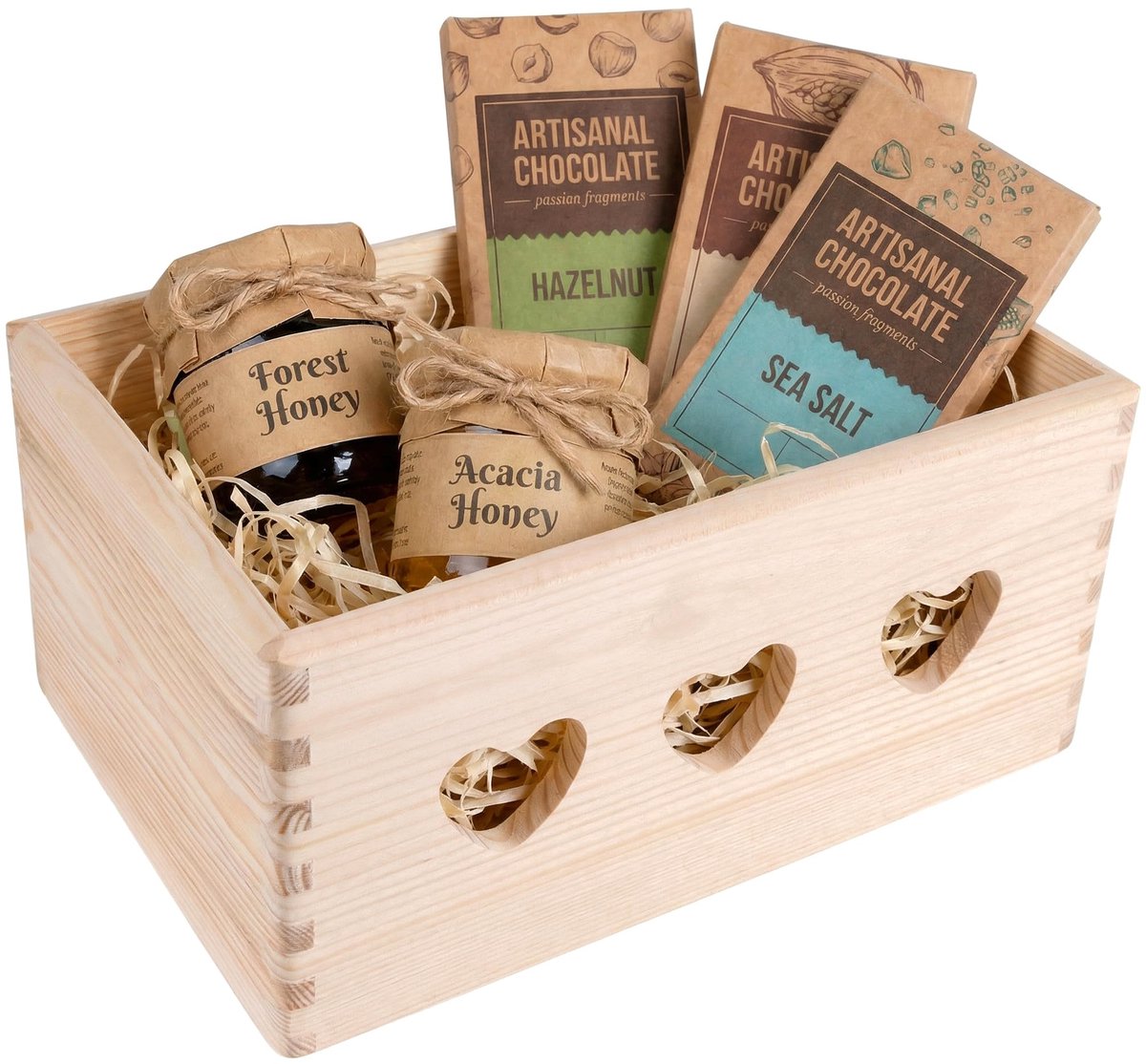 Creative Deco Grote decoratieve houten kist, cadeau- of fruitkist, houten mand | 30 x 20 x 13 cm (+/-1 cm) | met hartjes | zonder deksel | Ongelakte houten kist | Voor documenten, waardevolle spullen
