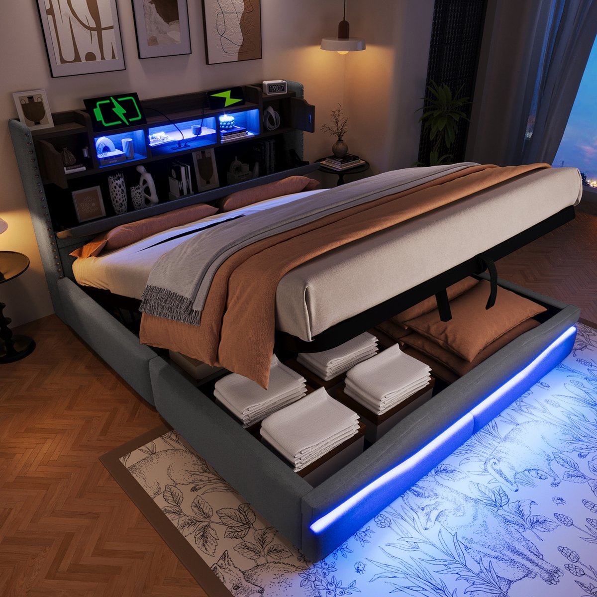 MODENUIT Gestoffeerd bed 160x200 cm – USB-C, USB en stopcontact – LED-verlichting – Hydrau