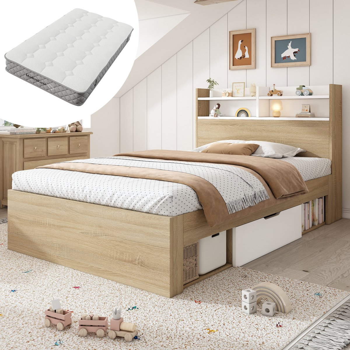 MODENUIT Eenpersoonsbed 90x200 cm – Met matras – Hoofdbord met opbergvakken – 2 lades en open vakken – Hout – Wit/Eiken