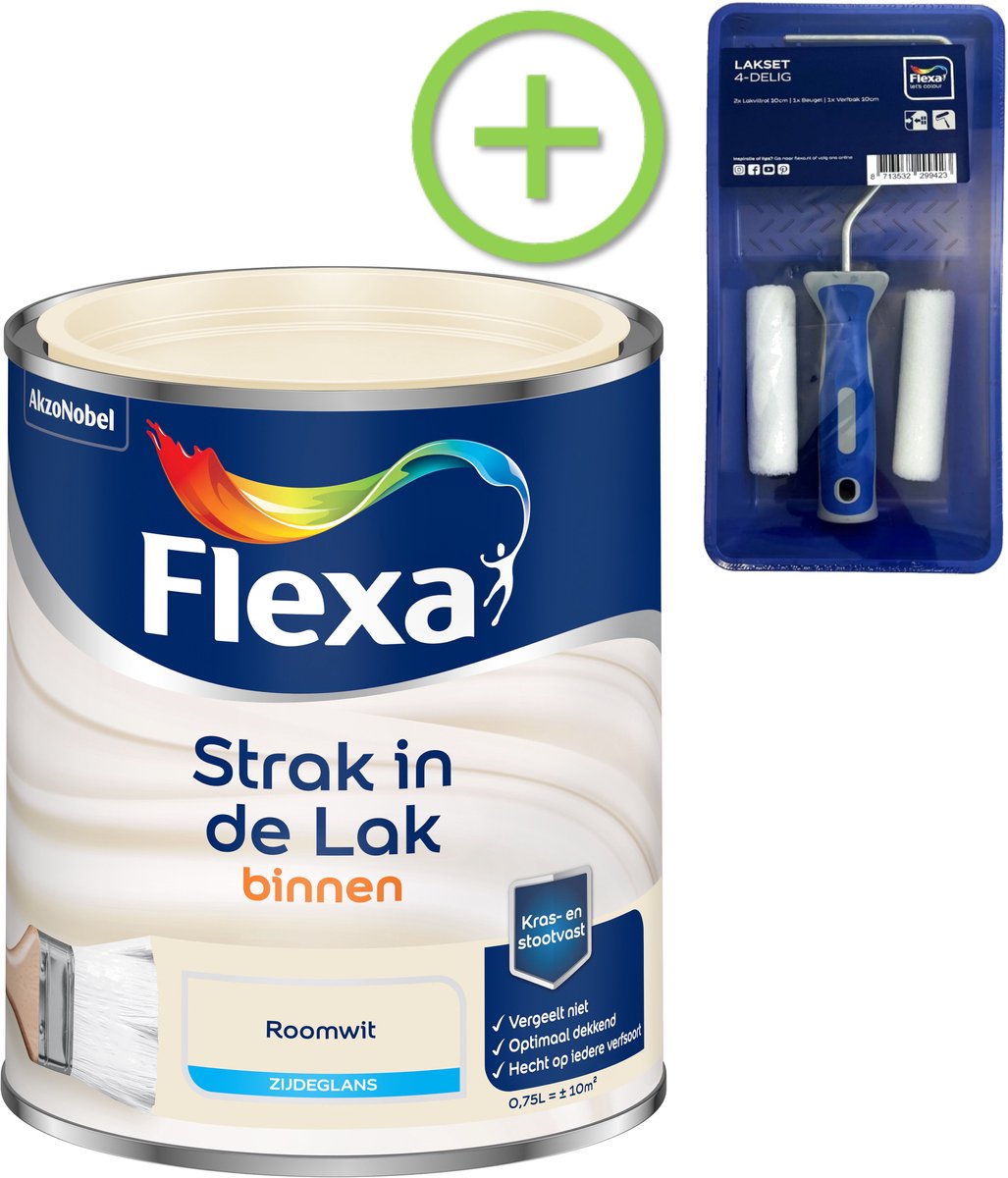 Voordeelpakket Flexa Strak In De Lak - Watergedragen - Zijdeglans - Roomwit 750 ML + Lakroller - 4 Delig