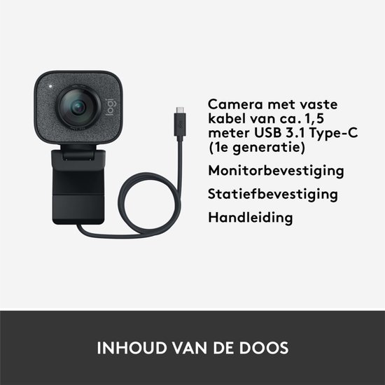 Contenu de la boîte : Webcam Logitech StreamCam, câble, support moniteur et trépied, et manuel.