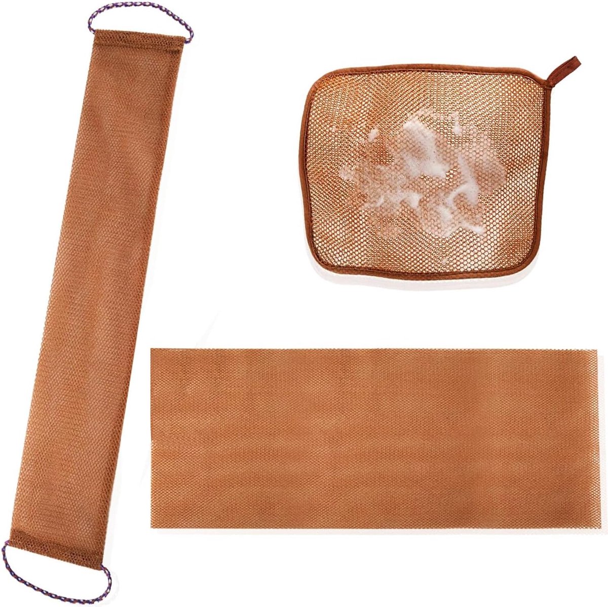 Netspons Set - Douche Essentials - Huid Reinigen - Rekbaar en Flexibel - 3 Stuks - Bruin