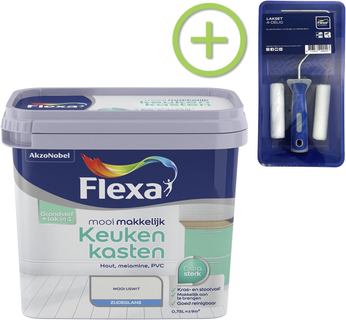 Voordeelpakket Flexa Mooi Makkelijk - Keukenkasten - Mooi Ijswit - 750 ML + Lakroller - 4 Delig
