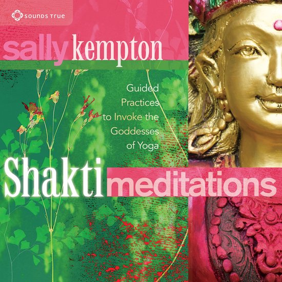 Boekomslag met gouden godinnenhoofd en tekst 'Shakti Meditations guided practices to invoke the goddesses of yoga' door Sally Kempton.
