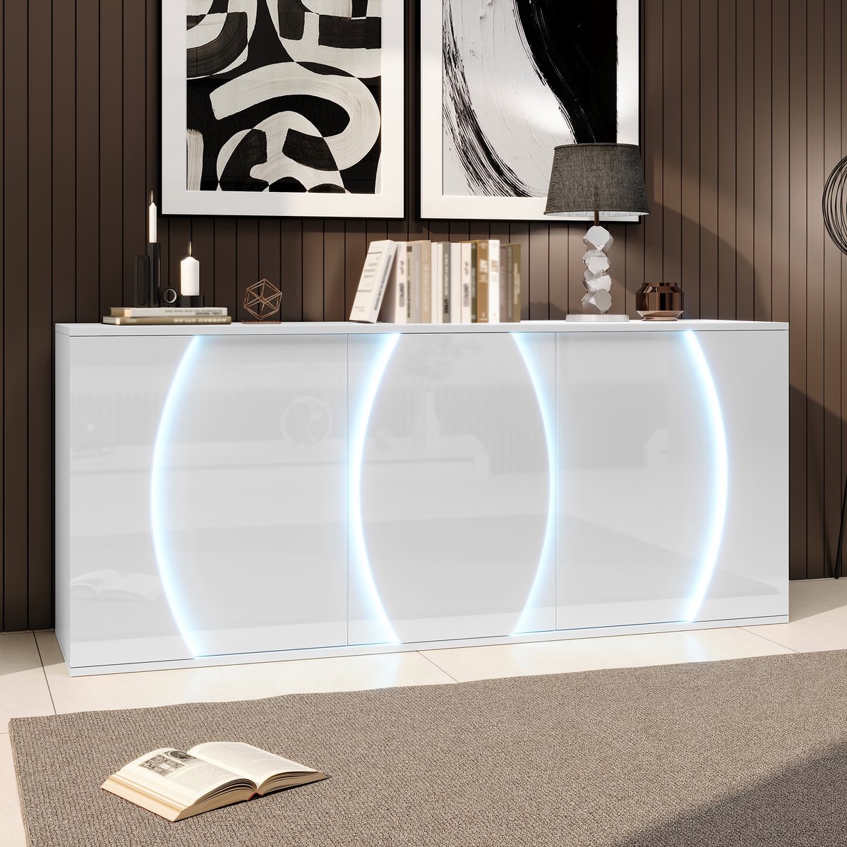 Sweiko Dressoir - Woonkamerkast - Hoogglans - LED-verlichting - Verstelbare planken - Wit