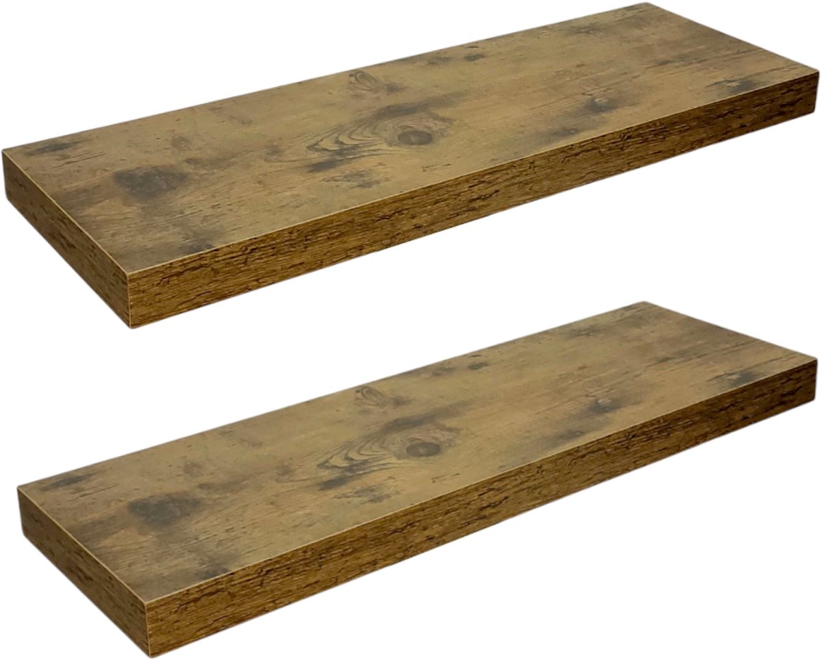 BEGRYF Set van 2 Zwevende Wandplanken - Rustiek Bruin - 60x20x3,8 cm - Verborgen Bevestiging - Industrieel Design - Houtlook Afwerking