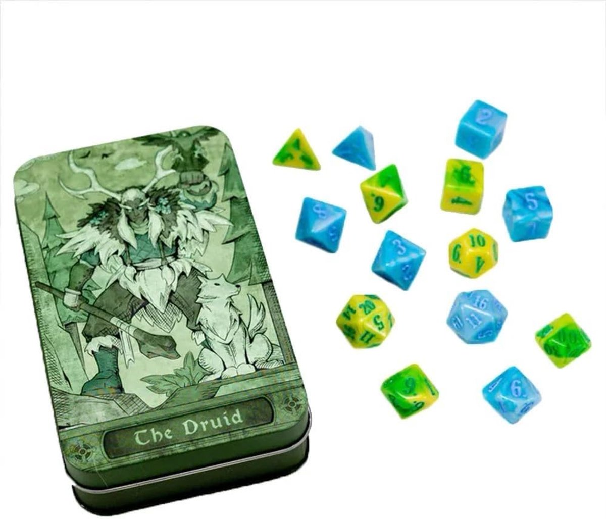 Druïde Dobbelstenen Set - Rollenspel Dobbelstenen - Tabletop RPG - Gelegeerd Staal - 16mm - Groen Blauw