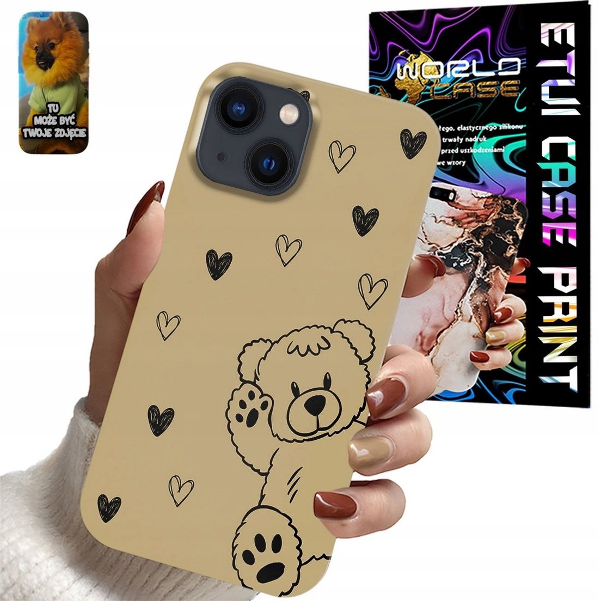 Hoesje voor Apple iPhone 15: pluche teddybeer mascotte + glas
